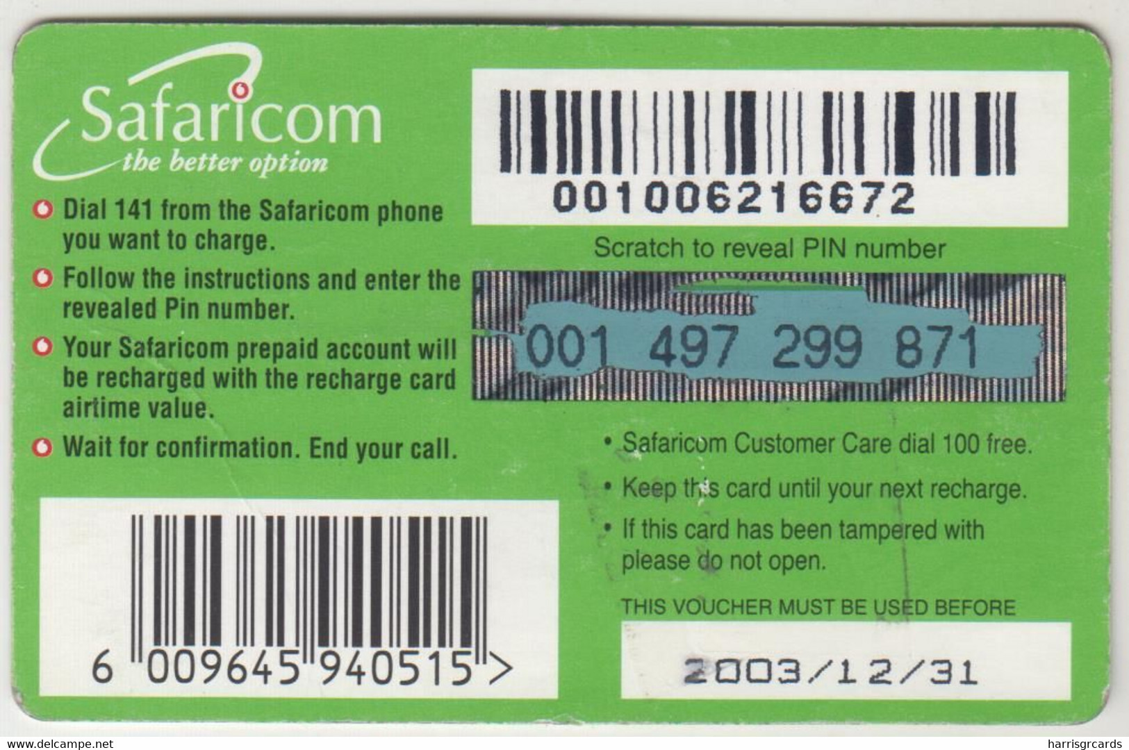 KENYA - The Green Card (30 Days), Safaricom Refill Card , Expiry Date:31/12/2003, 500 Ksh ,used - Kenya