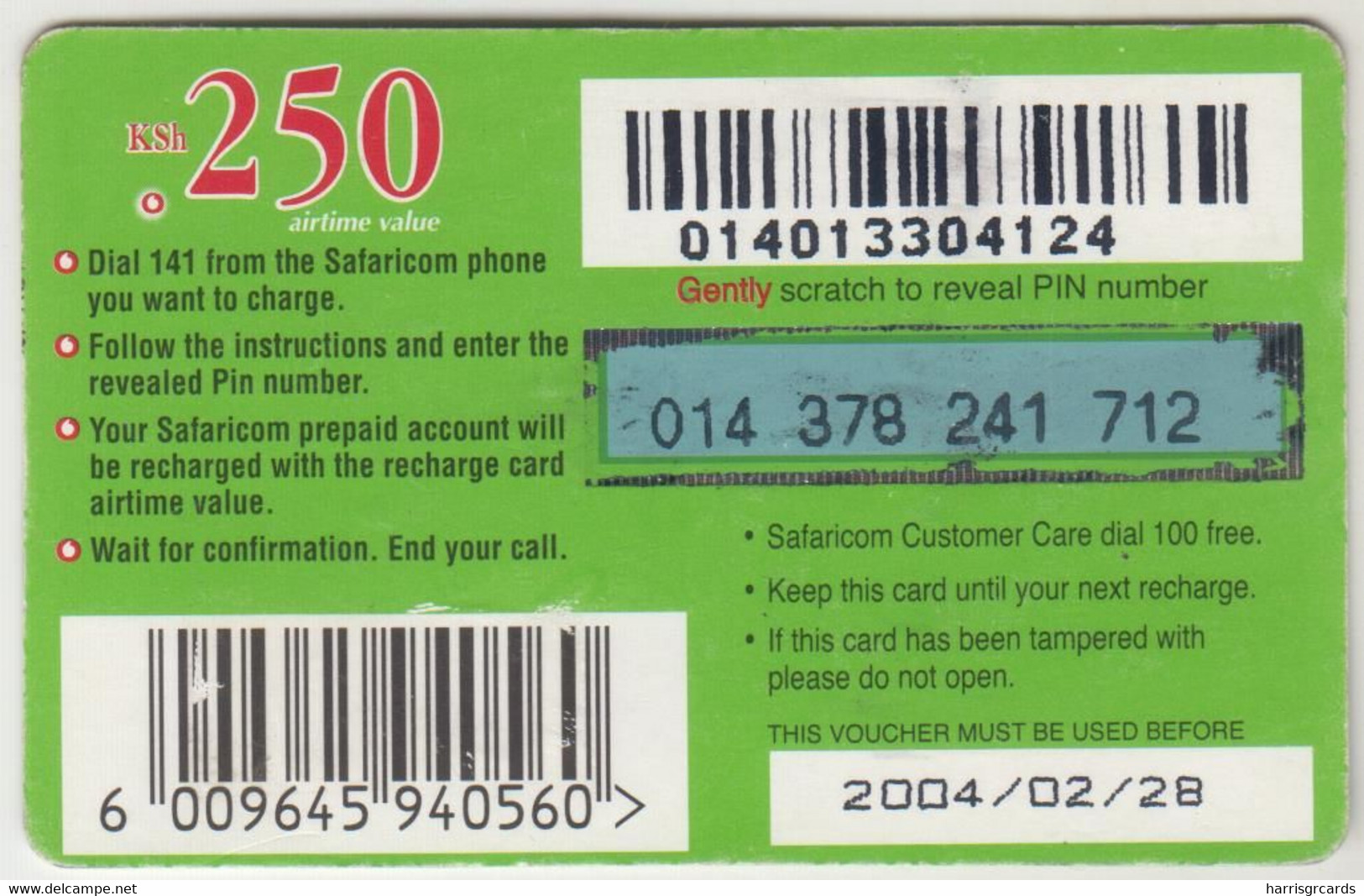 KENYA - The Green Card (30 Days), Safaricom Refill Card , Expiry Date:28/02/2004, 250 Ksh ,used - Kenya