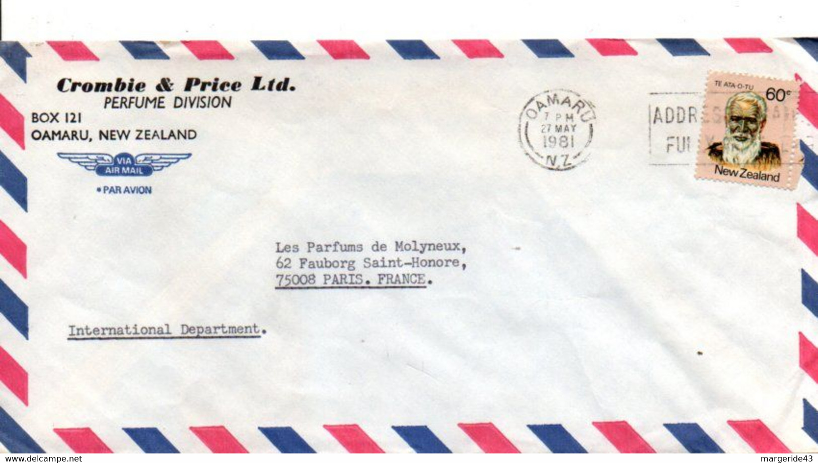 NOUVELLE ZELANDE SEUL SUR LETTRE POUR LA FRANCE 1981 - Storia Postale