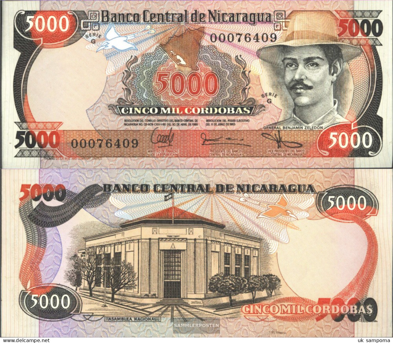 Nicaragua Pick-number: 146 Uncirculated 1985 5.000 Córdobas - Nicaragua