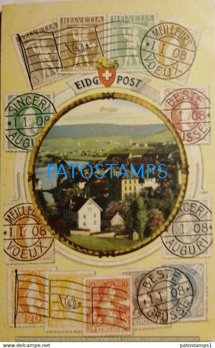 192079 SWITZERLAND BRUGG. VIEW PARTIAL ART MULTI STAMPS POSTAL POSTCARD - Brugg