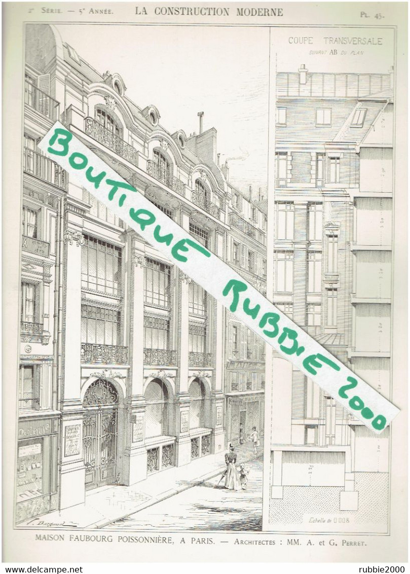 2 PLANS DESSIN 1899 PARIS 10° IMMEUBLE INDUSTRIEL 10 RUE FAUBOURG POISSONNIERE ARCHITECTES AUGUSTE ET GUSTAVE PERRET - Parijs