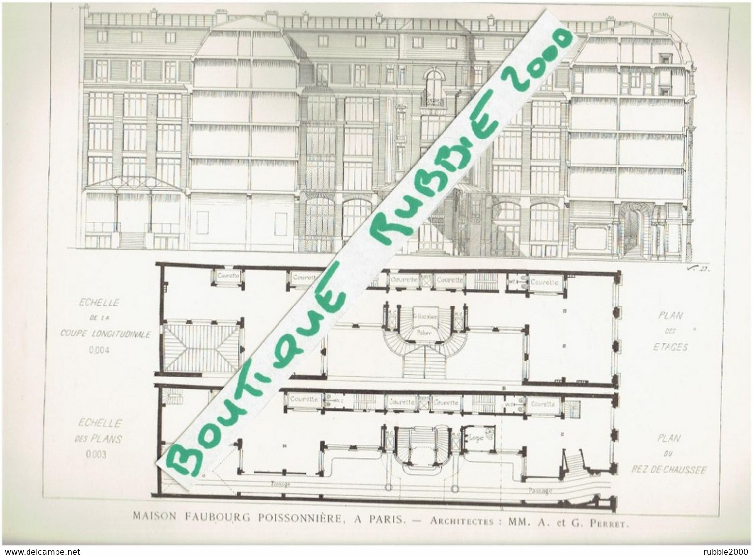 2 PLANS DESSIN 1899 PARIS 10° IMMEUBLE INDUSTRIEL 10 RUE FAUBOURG POISSONNIERE ARCHITECTES AUGUSTE ET GUSTAVE PERRET - Parijs