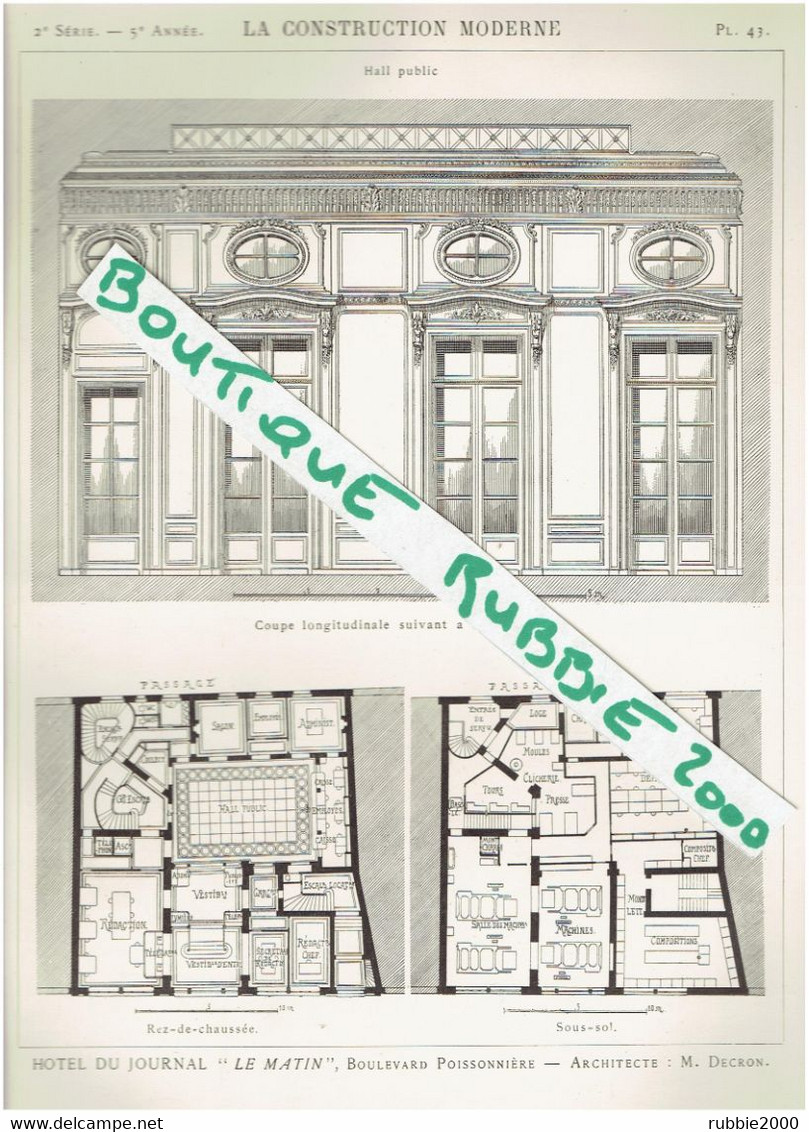 PLAN DESSIN 1899 PARIS X° HOTEL DU JOURNAL LE MATIN 6 BOULEVARD POISSONNIERE ARCHITECTE DECRON - Paris