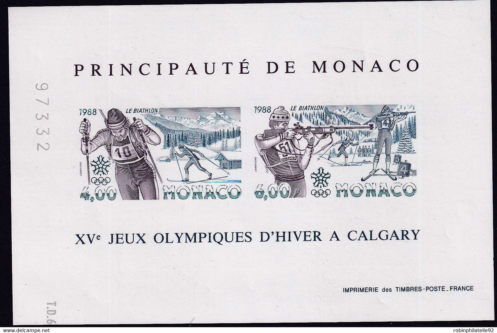 Monaco Blocs Et Feuillets Non Dentelés Et Essais De Couleur N°40 Jeux Olympiques D'hiver à Calgary Bloc Essai De Couleur - Winter 1988: Calgary