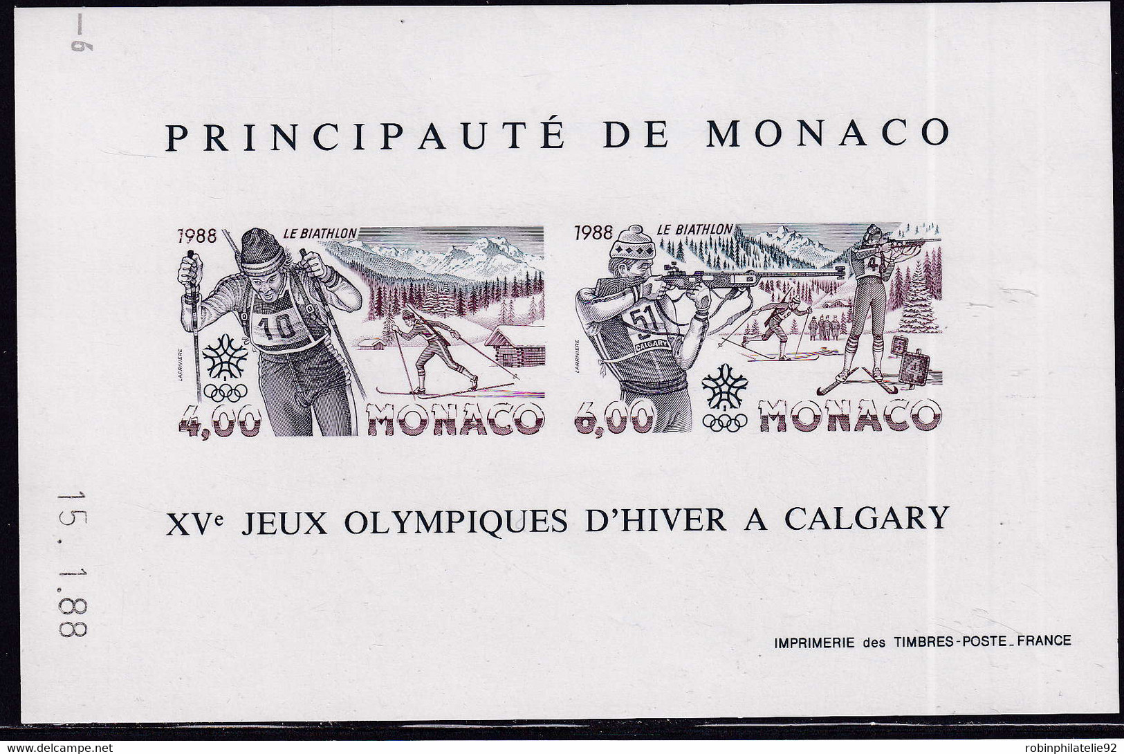 Monaco Blocs Et Feuillets Non Dentelés Et Essais De Couleur N°40 Jeux Olympiques D'hiver à Calgary Bloc Essai De Couleur - Inverno1988: Calgary