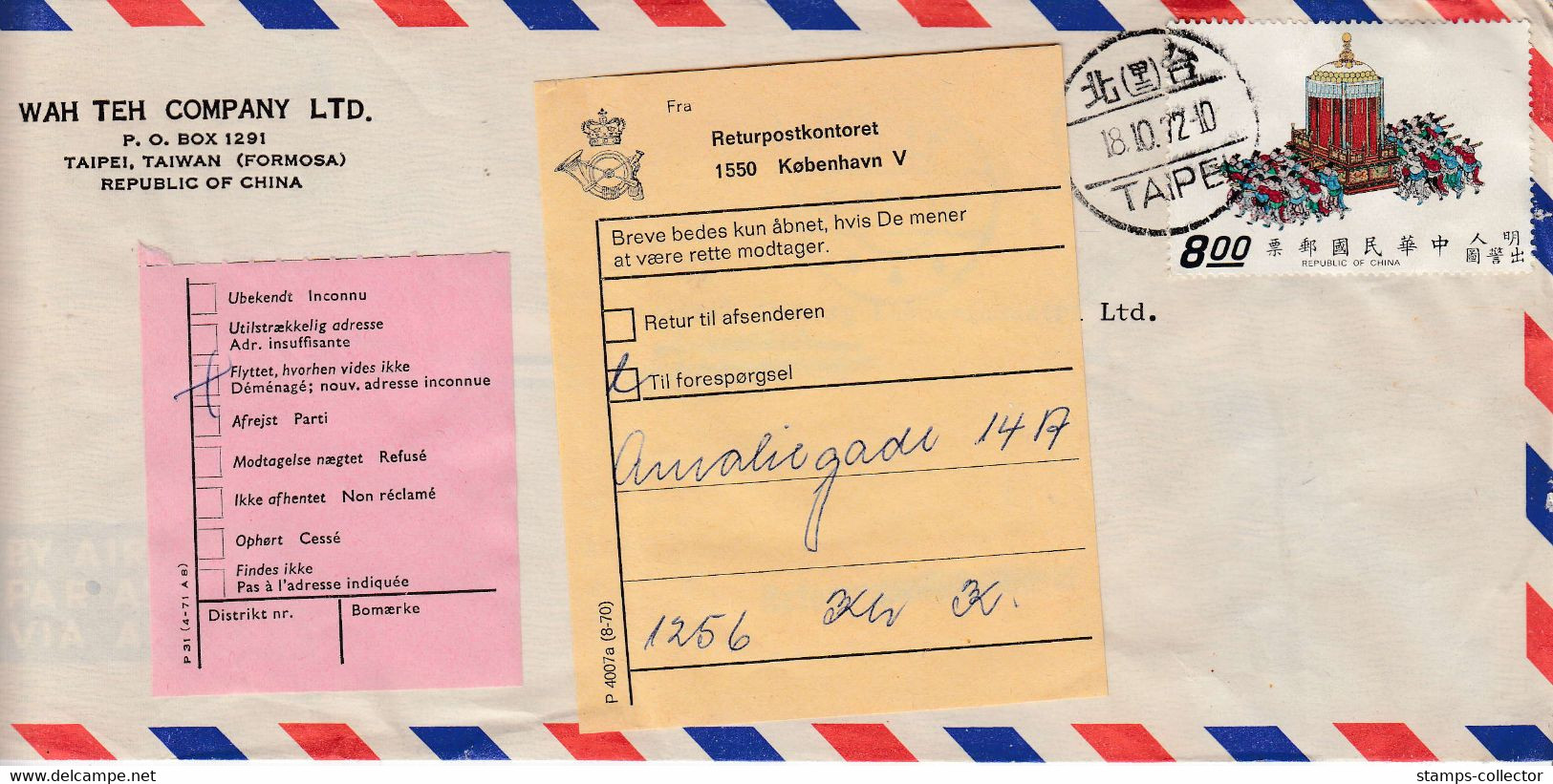 Taiwan. 1972. Letter Send To Denmark With 3 Different Labels. Interesting Letter - Lettres & Documents