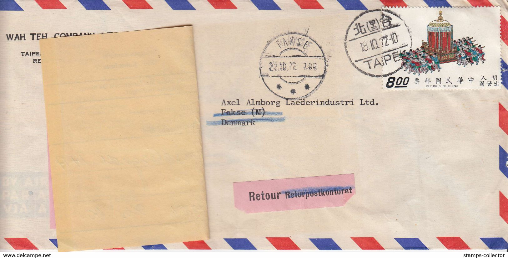 Taiwan. 1972. Letter Send To Denmark With 3 Different Labels. Interesting Letter - Lettres & Documents