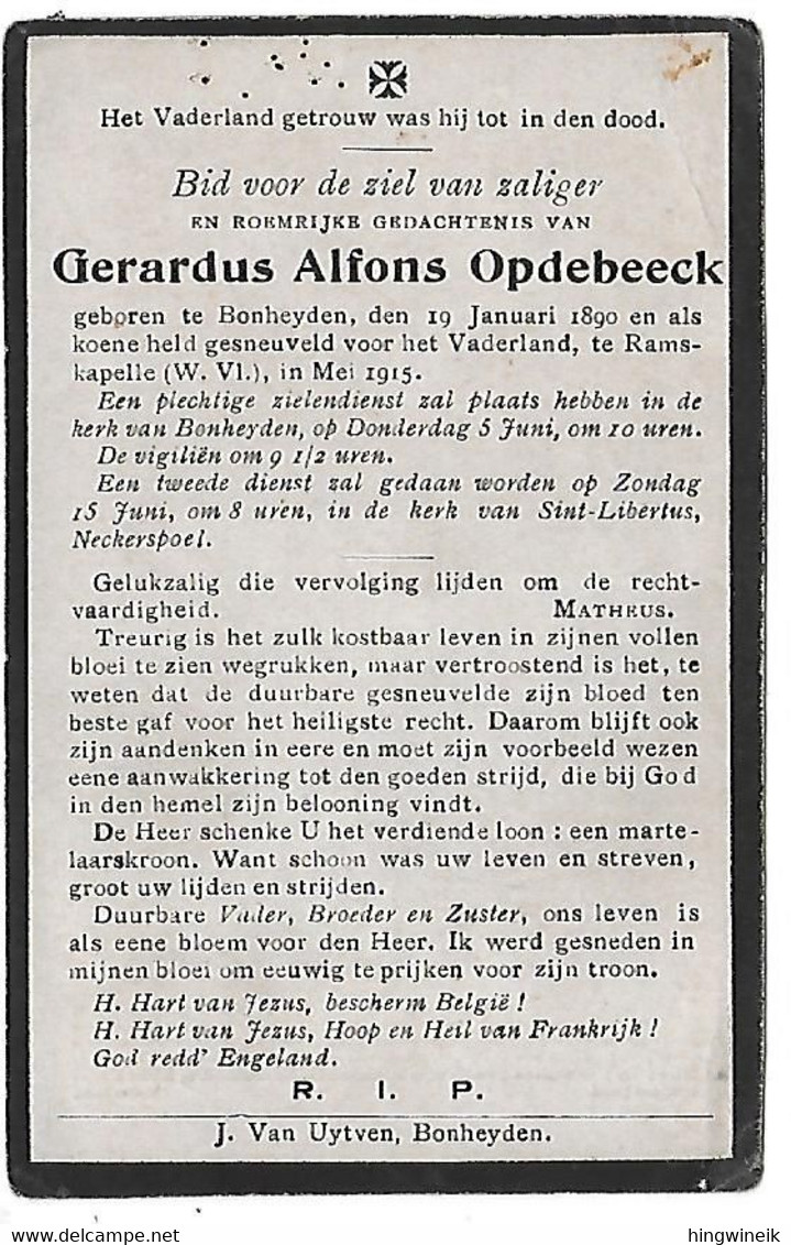 Opdebeeck G.a. (gesneuveld  Bonheiden 1890 -ramskapelle 1915) - Religion & Esotérisme