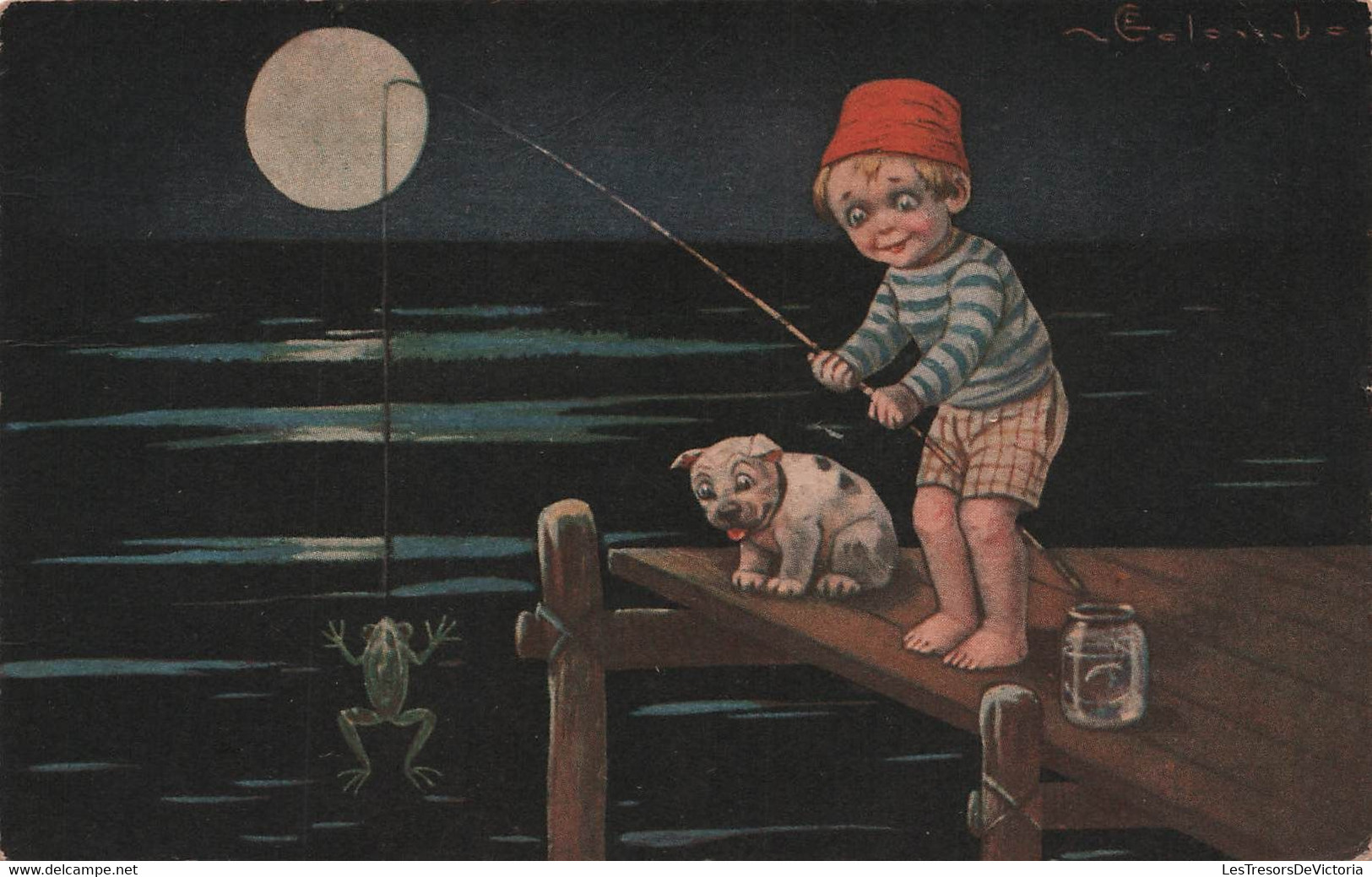 CPA  Illustrateur Colombo - Petit Garçon Avec Un Chien Pechant Une Grenouille - Pleine Lune - Colombo, E.