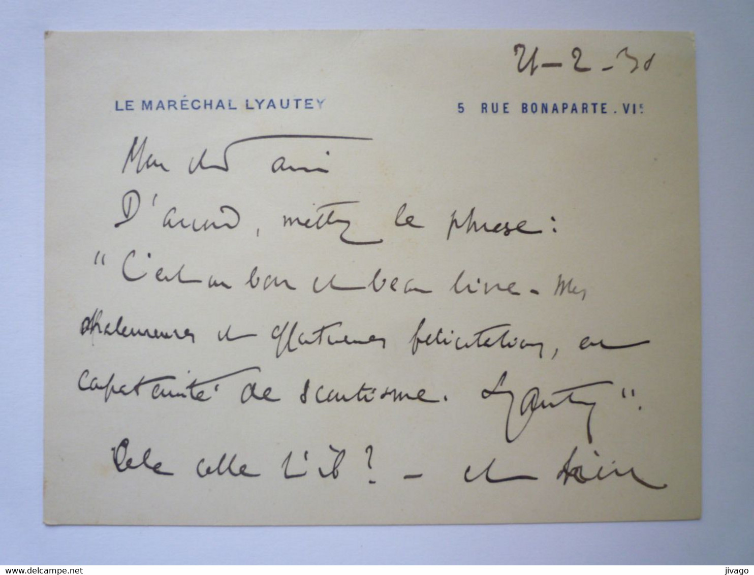 2022 - 3730  CARTE-LETTRE Du Maréchal  LYAUTEY  Avec Signature  1931   XXXX - Documents