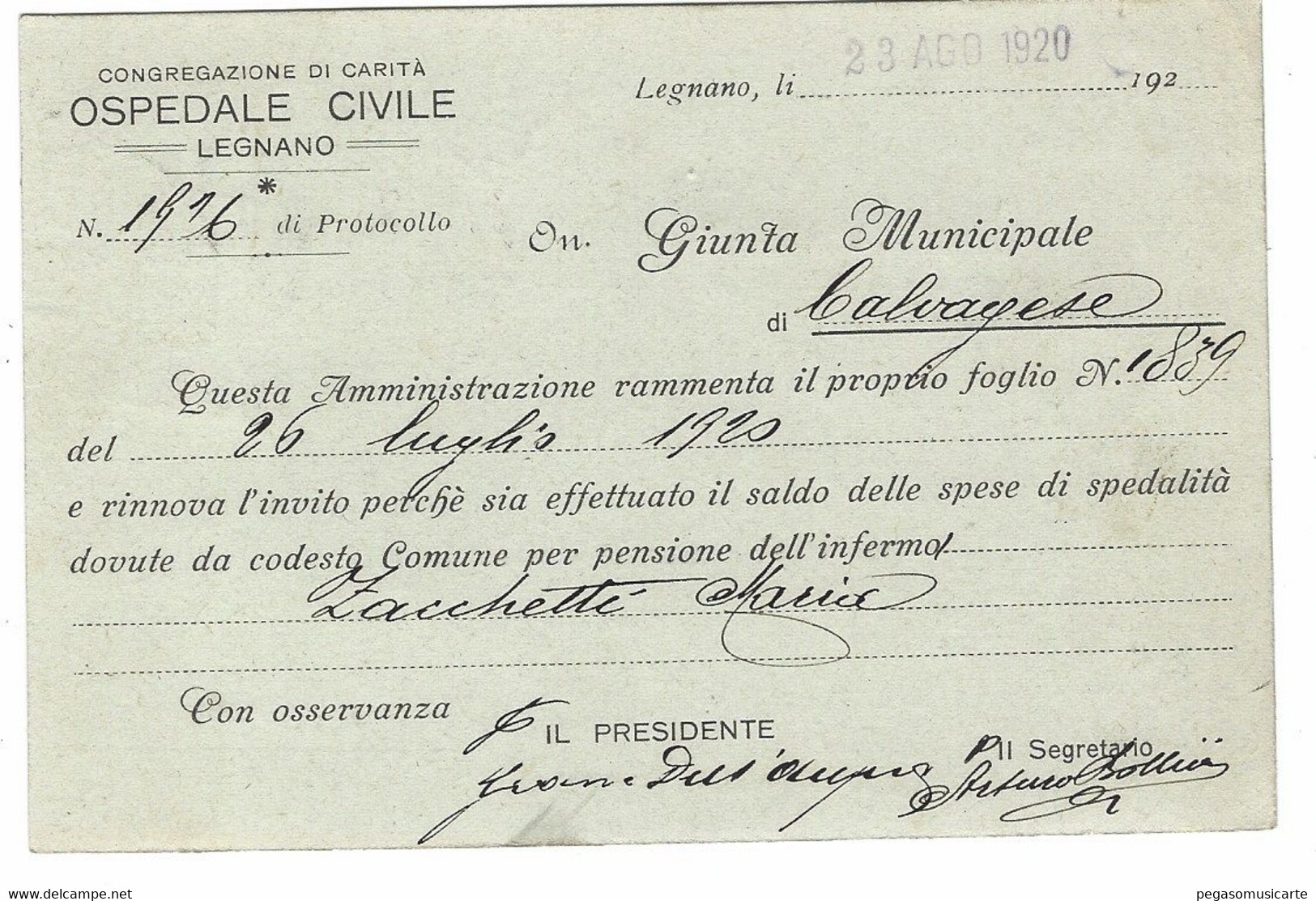 16759 - CARTOLINA POSTALE CONGREGAZIONE DI CARITA' OSPEDALE CIVILE LEGNANO A CALVAGESE BRESCIA 1920 Storia Postale - Legnano
