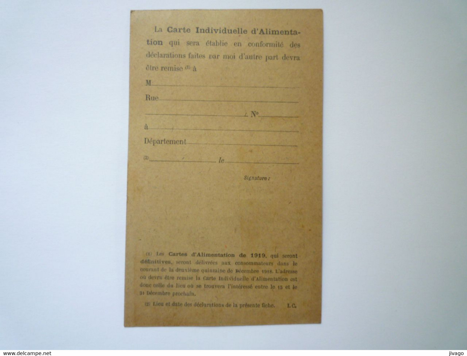 2022 - 3735  RATIONNEMENT  1919  " CARTE INDIVIDUELLE D'ALIMENTATION "  Vierge  XXXX - Documents