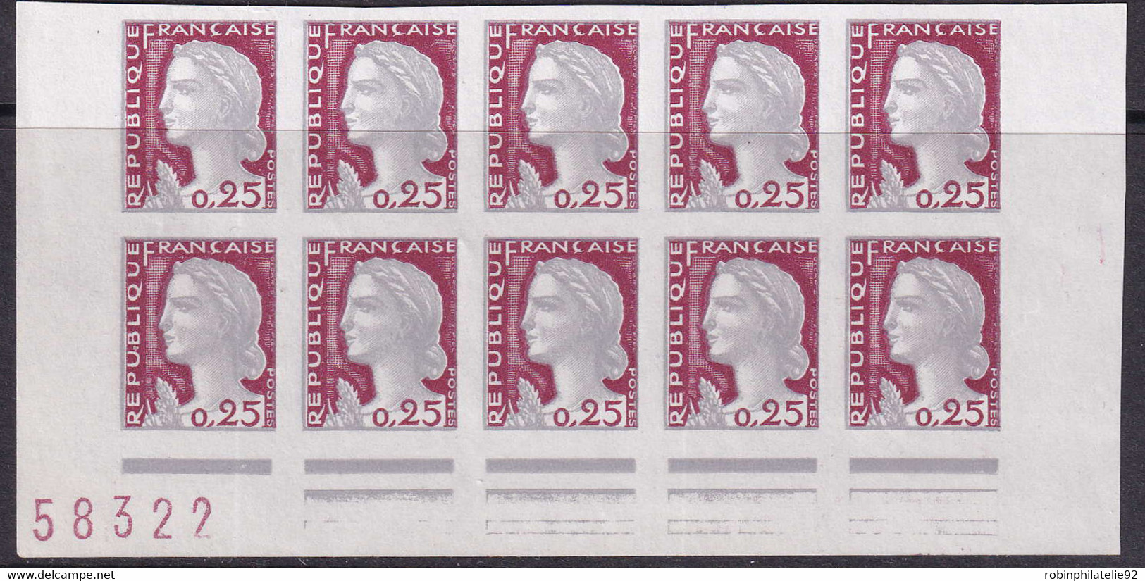 FRANCE  VARIETES N°1263 B Bloc De 10 Timbres Non Dentelés  Qualité:** - 1960 Marianne De Decaris