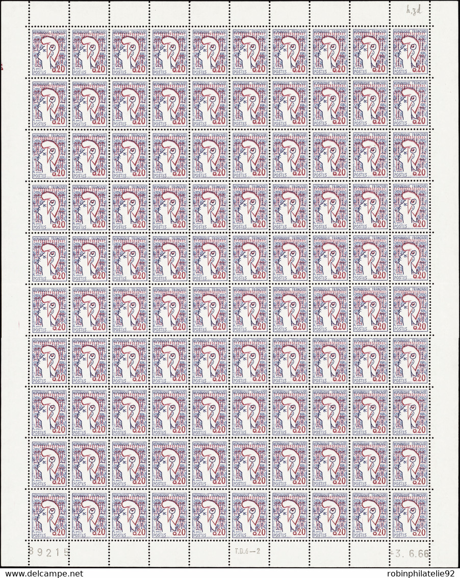 FRANCE  VARIETES N°1282 0,20 M De Cocteau En Feuille De 100 Timbres Impression Double Des Chiffres Qualité:** Cote:5000 - 1961 Marianne De Cocteau