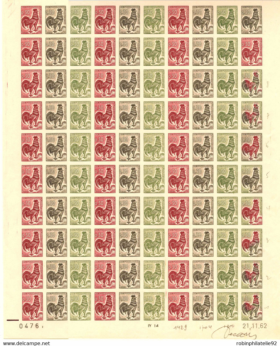 FRANCE  VARIETES N°1331A 0,30 Coq Feuille De 100 Essais De Couleur Signée Decaris Qualité:** - 1962-1965 Gallo De Decaris