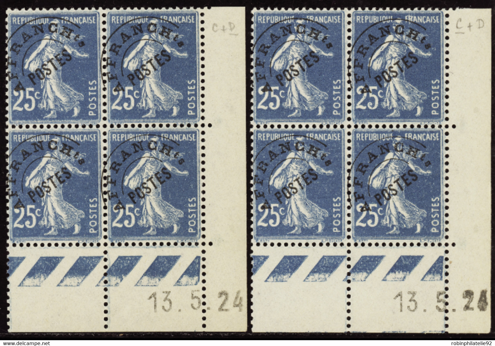 FRANCE  COINS DATES PREOBLITERES N°56 A 25c Semeuse Bleu 13-5-24 Les 2 Galvanos Qualité:** Cote:790 - Other & Unclassified