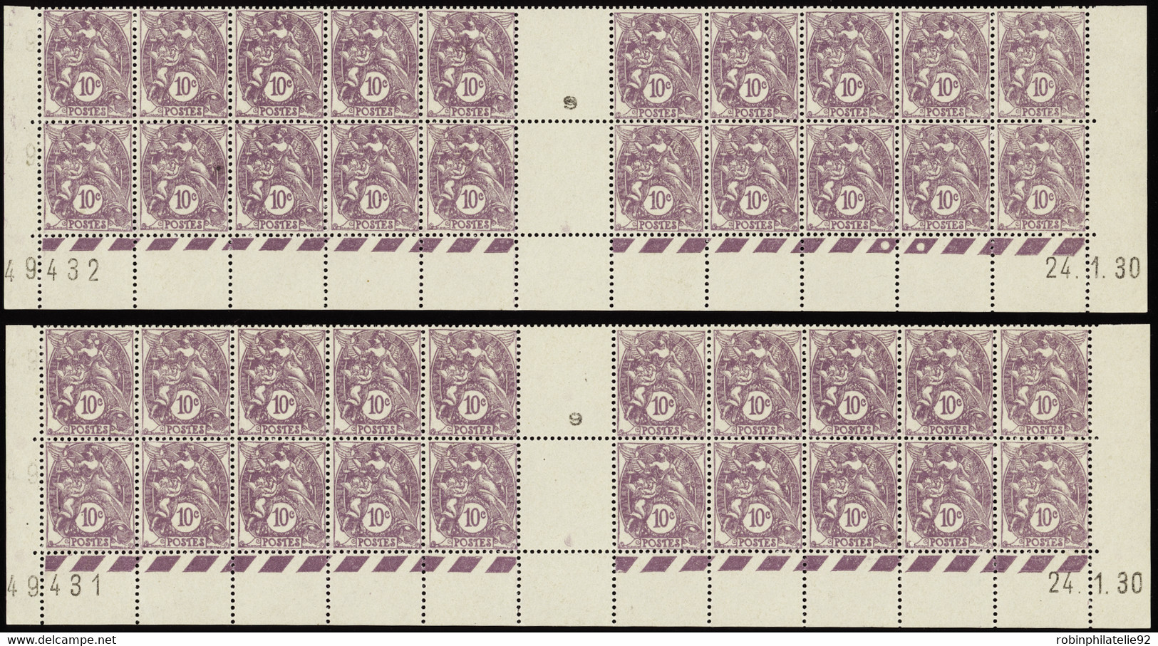 FRANCE  FEUILLES N°233 10c Blanc 2 Blocs De 20 Bdf CD 24-1-30 (2 Galvanos) Qualité:** Cote:382 - Feuilles Complètes