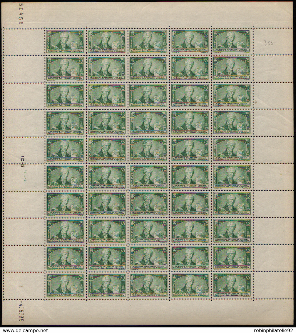 FRANCE  FEUILLES N°303 Benjamin Delessert Feuille De 50 Timbres Qualité:** Cote:3000 - Feuilles Complètes