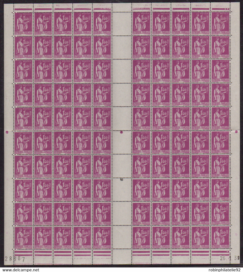 FRANCE  FEUILLES N°371 1f40 Paix Lilas Feuille De 100t CD 26-1-39  Qualité:** Cote:1400 - Feuilles Complètes