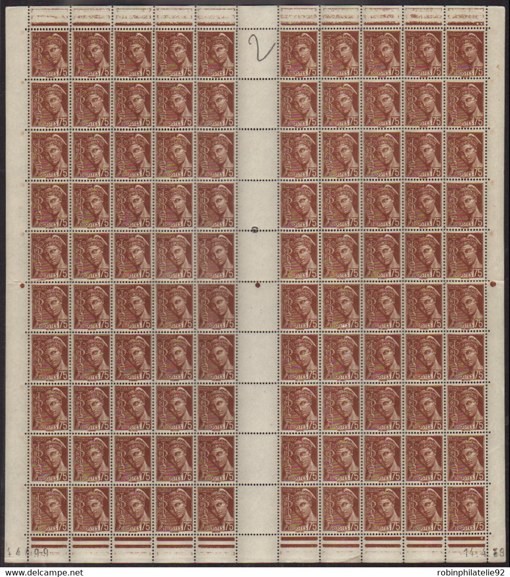 FRANCE  FEUILLES N°416 A 75c Mercure Feuille De 100 Timbres CD 14-4-39  Qualité:** Cote:950 - Feuilles Complètes