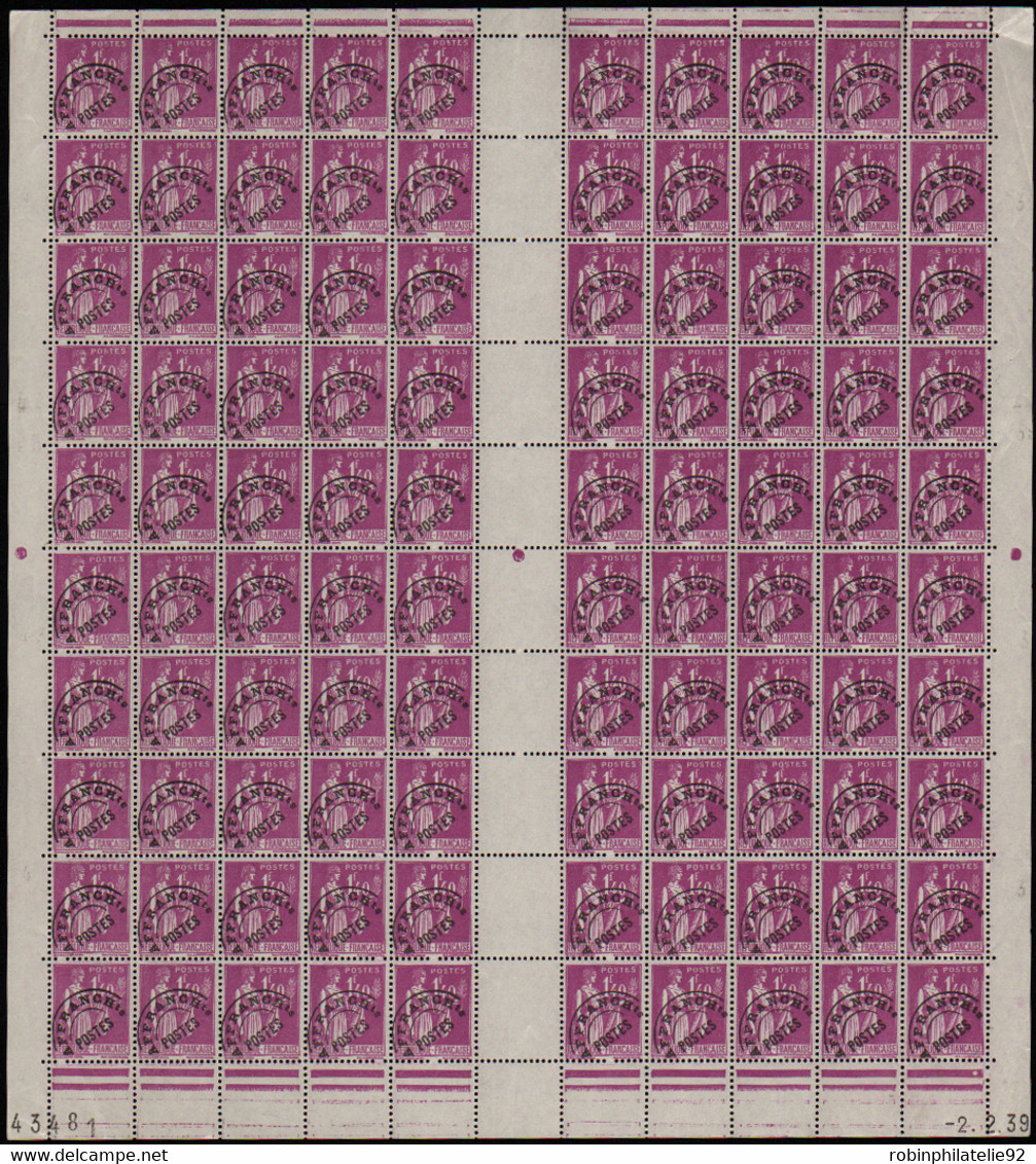 FRANCE  FEUILLES PREOBLITERES N°77 1f40 Paix Feuille De 100 Timbres CD 2-2-39 Qualité:** Cote:2200 - Feuilles Complètes