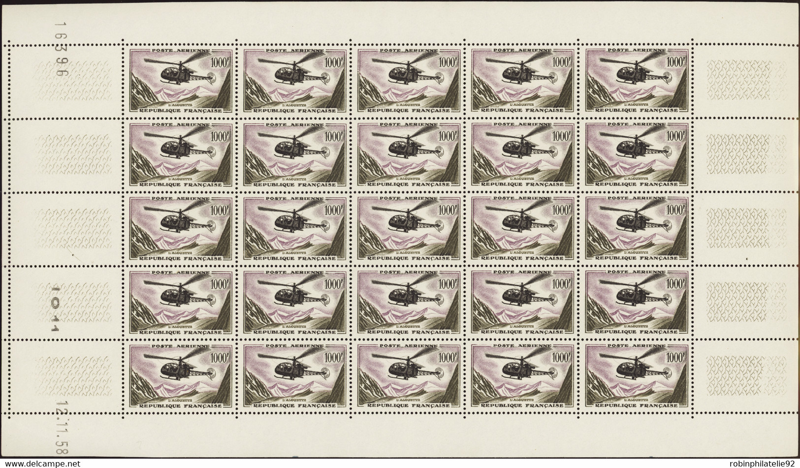 FRANCE  FEUILLES POSTE AERIENNE N°37 1000f Alouette Feuille De 25 Timbres CD 12-11-58  Qualité:** Cote:1800 - Feuilles Complètes