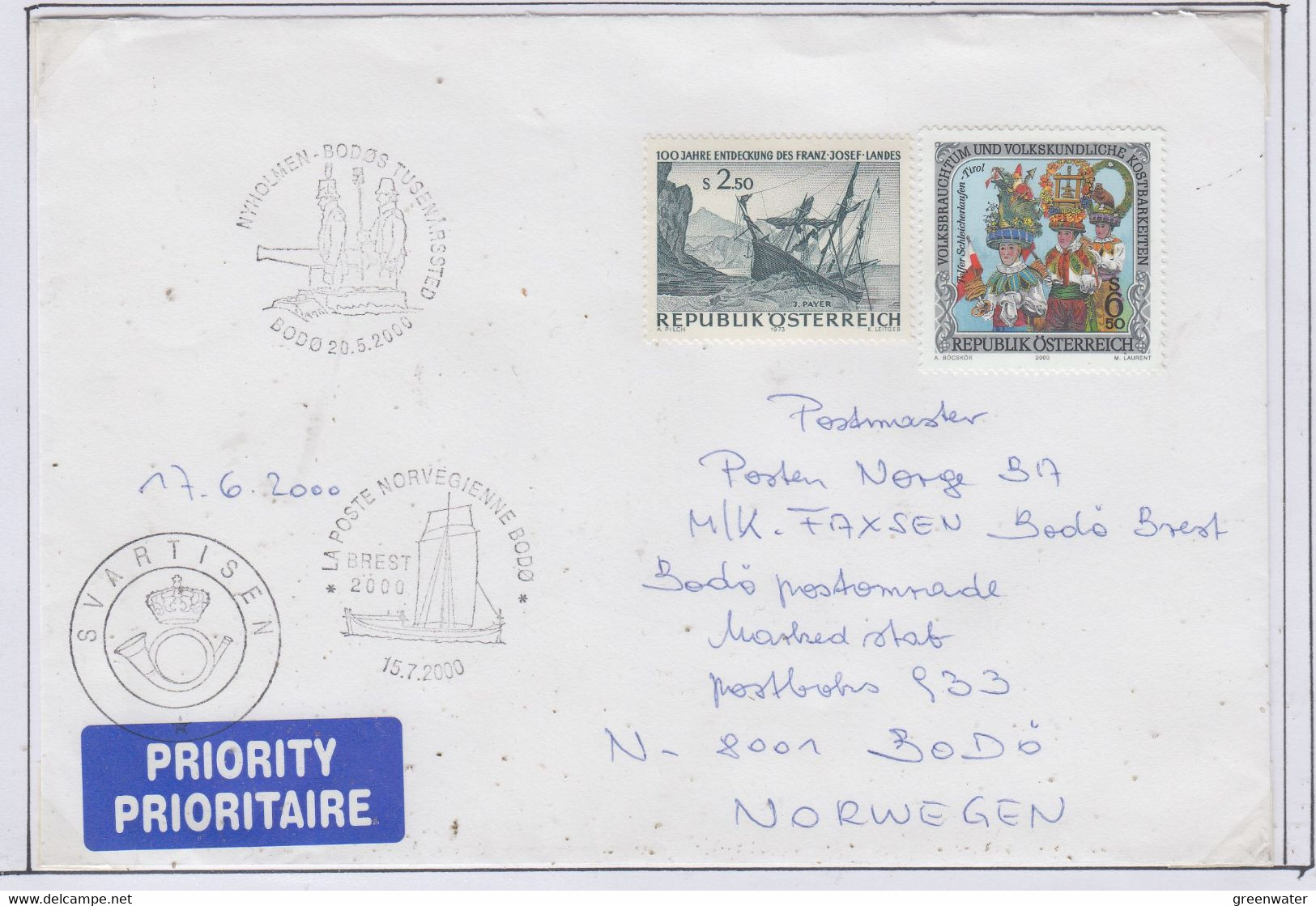 Norway Bodo La Poste Norvegienne Brest Cover Ca Bodo 15.07.2000 (NI177A) - Briefe U. Dokumente