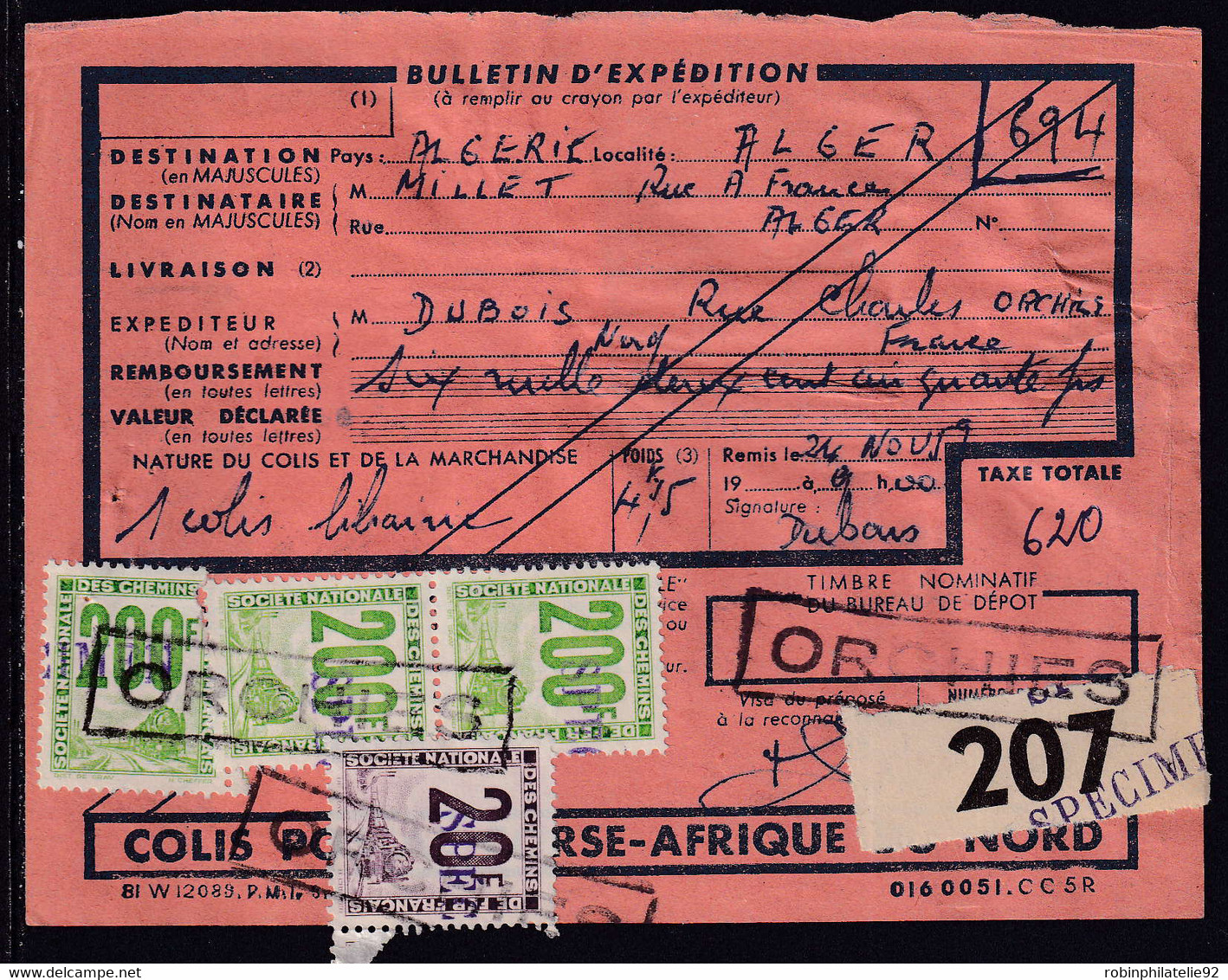 FRANCE  TOUS COLIS N°24 X3/29 4 Valeurs Specimen Sur Document Qualité:OBL - Autres & Non Classés