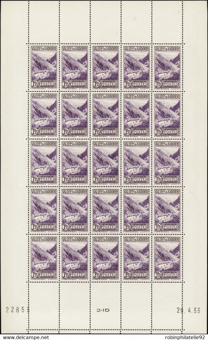 ANDORRE   N°40 A 1f75 Violet Feuille De 25 Timbres Qualité:** Cote:6650 - Neufs