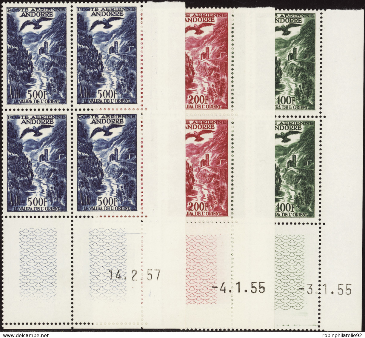 ANDORRE  POSTE AERIENNE N°2 /43 Valeurs Blocs De 4 Coins Datés  Qualité:** Cote:800 - Luftpost