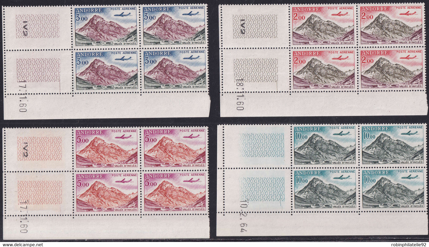 ANDORRE  POSTE AERIENNE N°5 /8 4 Valeurs Blocs De 4 Coins Datés Qualité:** Cote:48 - Luchtpost