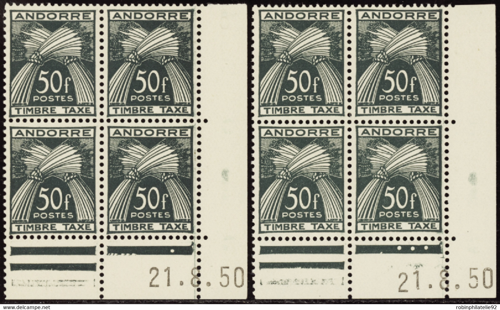 ANDORRE  COINS DATES TAXES N°40 50f Vert Foncé 21-8-50 (les 2 Galvanos) Qualité:** Cote:448 - Unused Stamps