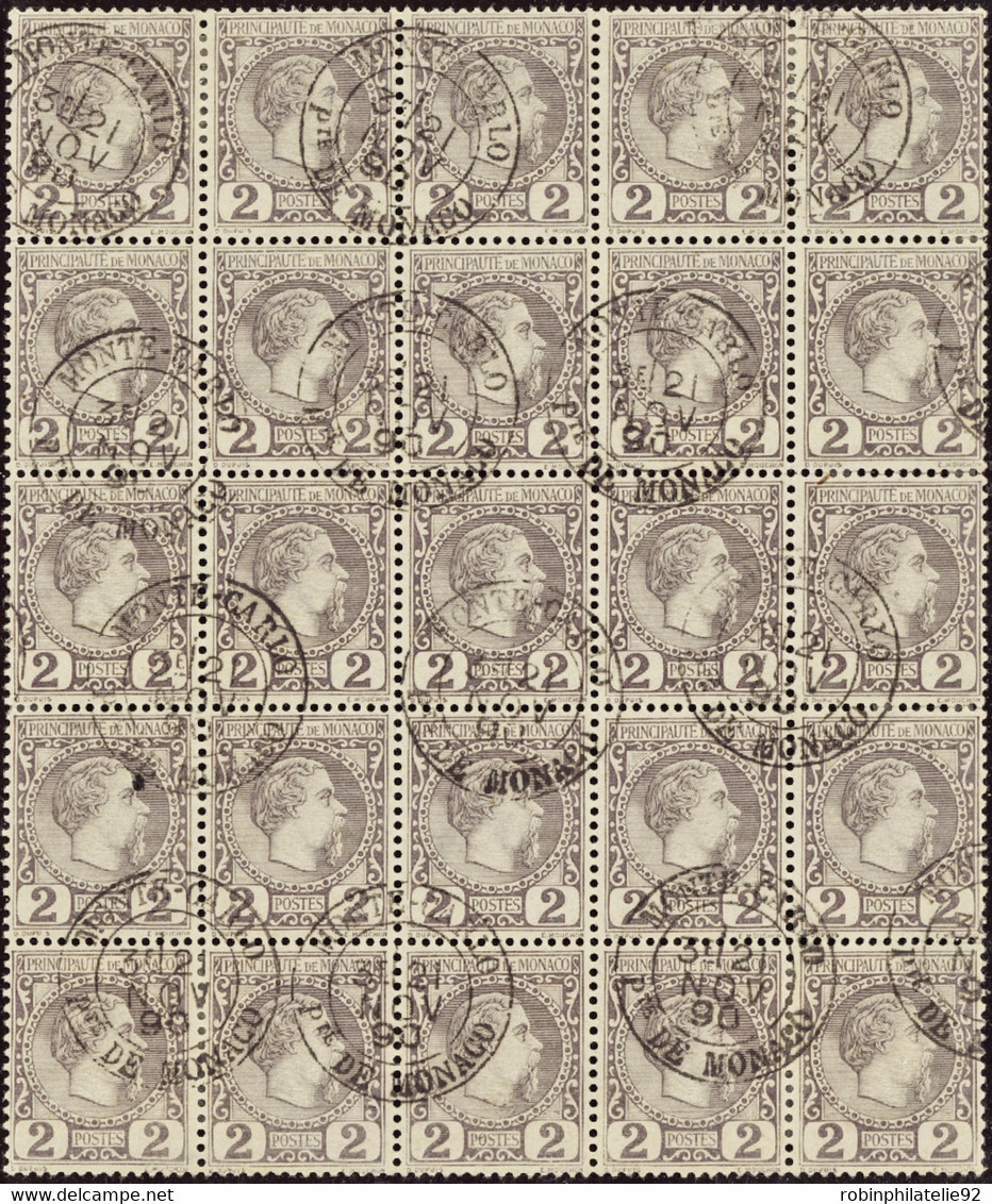 MONACO   N°2 2c Violet-gris Bloc De 25 Timbres TB  Qualité:OBL Cote:2050 - Gebruikt