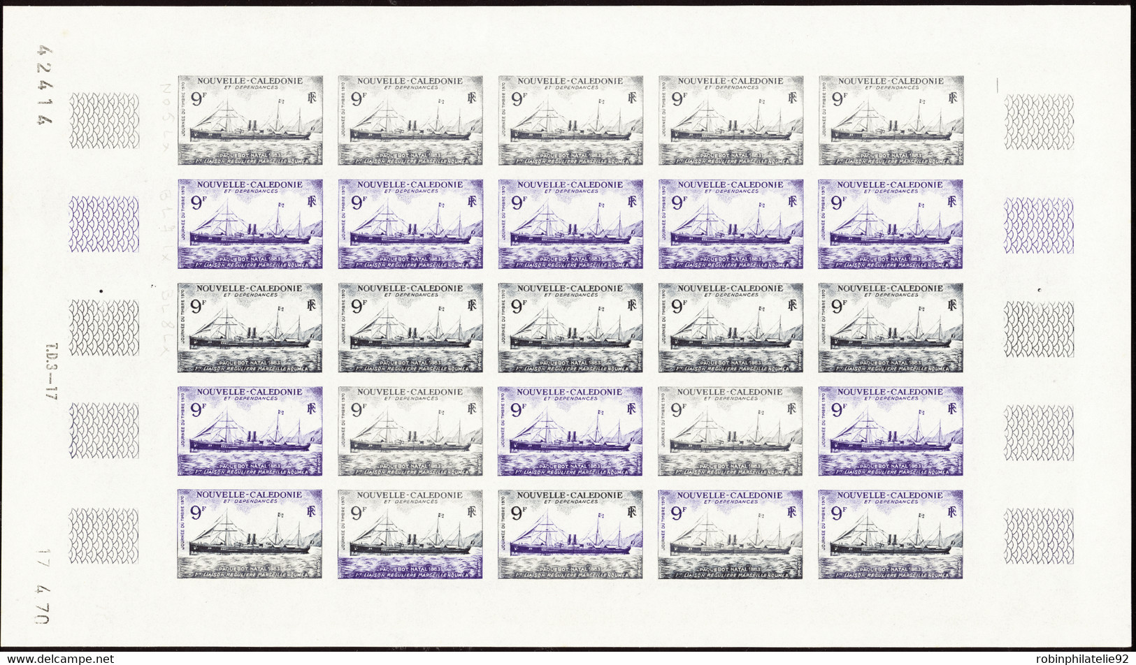 NOUVELLE-CALEDONIE  ESSAIS DE COULEUR N°366 Journée Du Timbre 1970 Feuille De 25 Timbres Qualité:** Cote:300 - Non Dentellati, Prove E Varietà