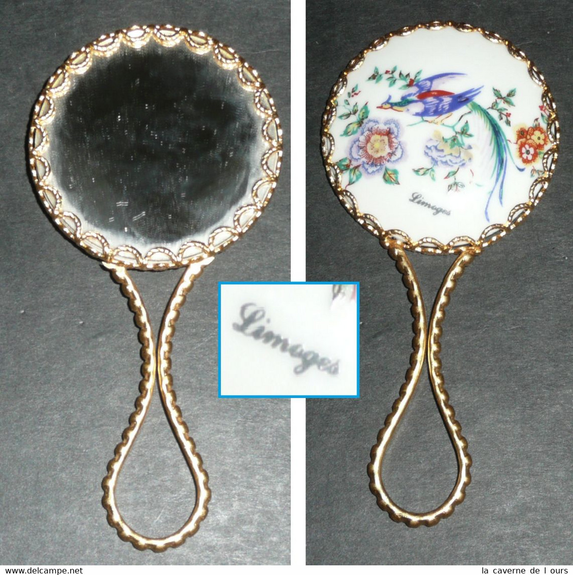 Rare Ancien Miroir De Poche Ou Sac, Face à Main Avec Médaillon En Porcelaine De Limoges, Décor Paon Phénix Japonisant - Accessories