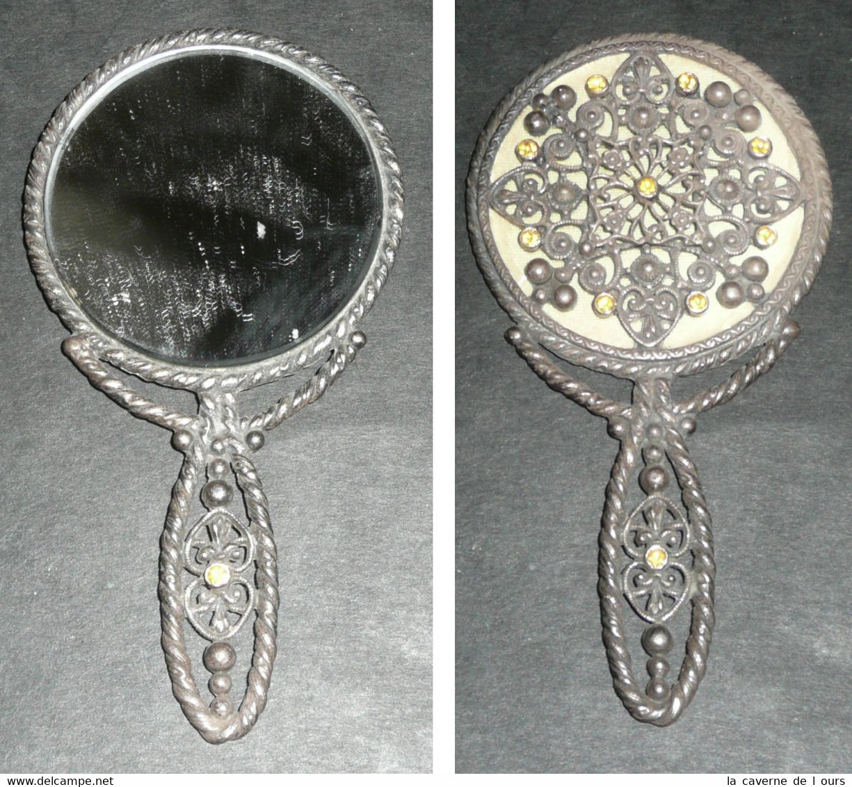 Rare Ancien Miroir De Poche Ou Sac, Face à Main Avec Brillants Jaunes Strass, Décor Filigrane - Toebehoren