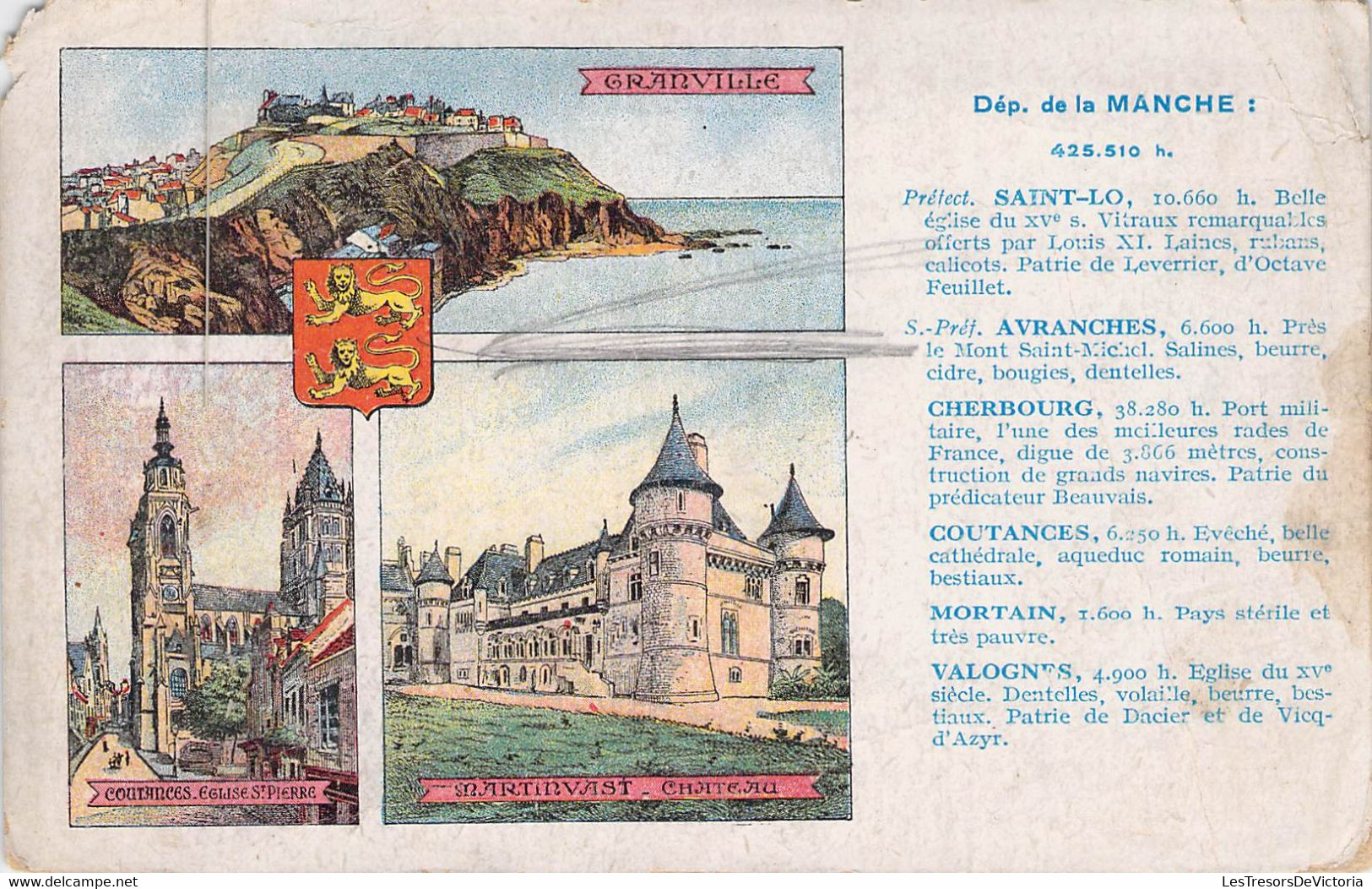 CPA - 50 - Carte Du Département De La Manche Colorisée - Coin Gauche Abimé - Pub Les Pastilles Valda - Saint Vaast La Hougue