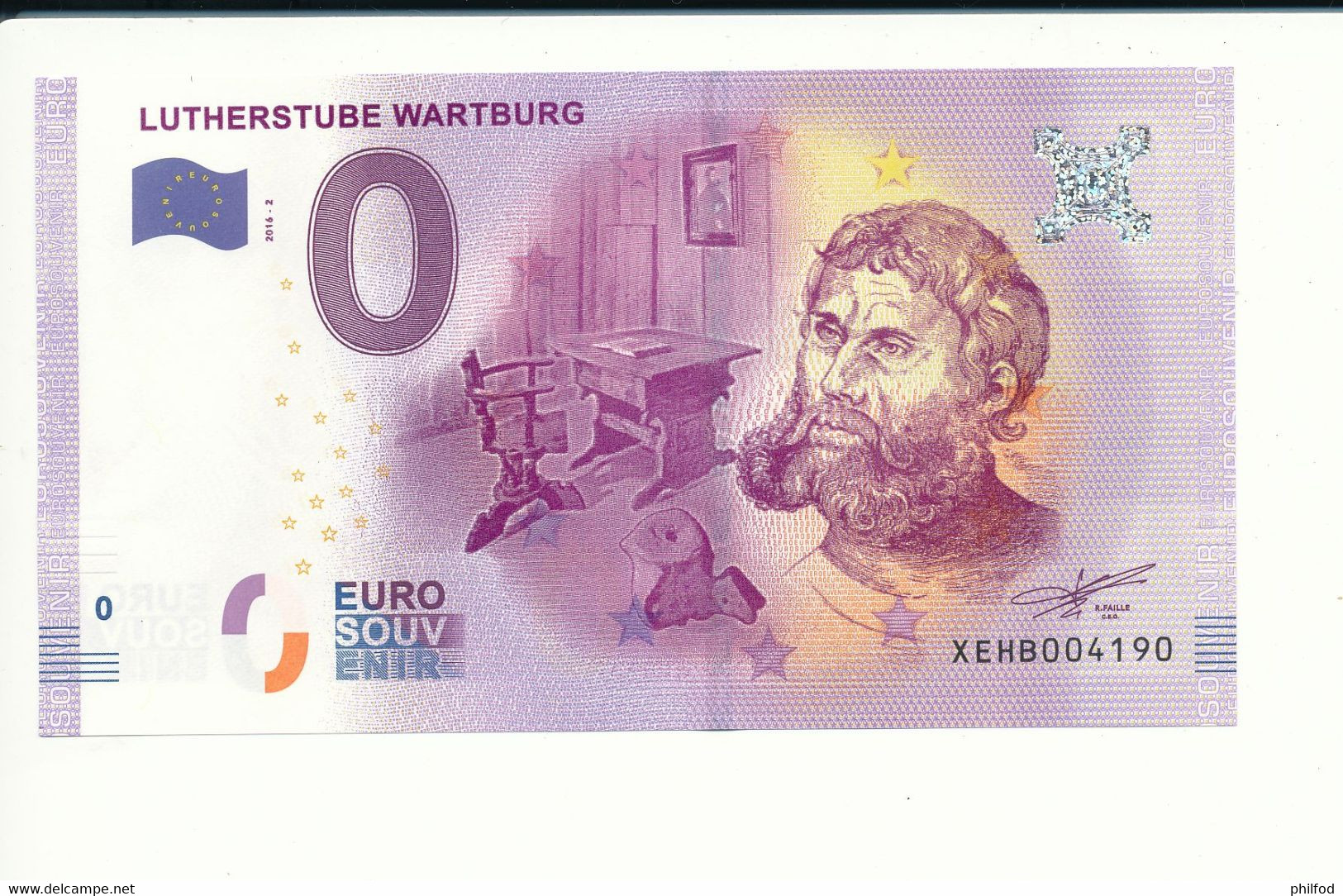 Billet Souvenir - 0 Euro - XEHB - 2016-2 - LUTHERSTUBE WARTBURG - N° 4190 - Billet épuisé - Lots & Kiloware - Banknotes