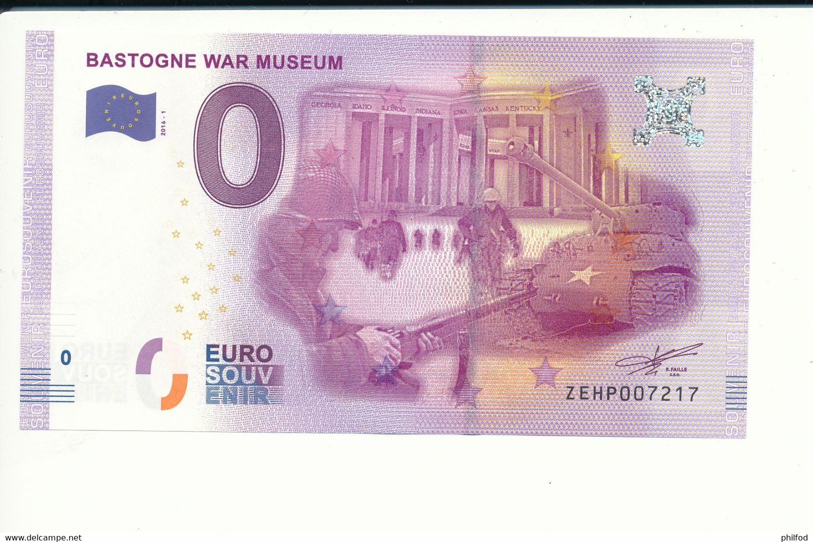 Billet Souvenir - 0 Euro - ZEHP - 2016-1 - BASTOGNE WAR MUSEUM - N° 7217 - Billet épuisé - Vrac - Billets