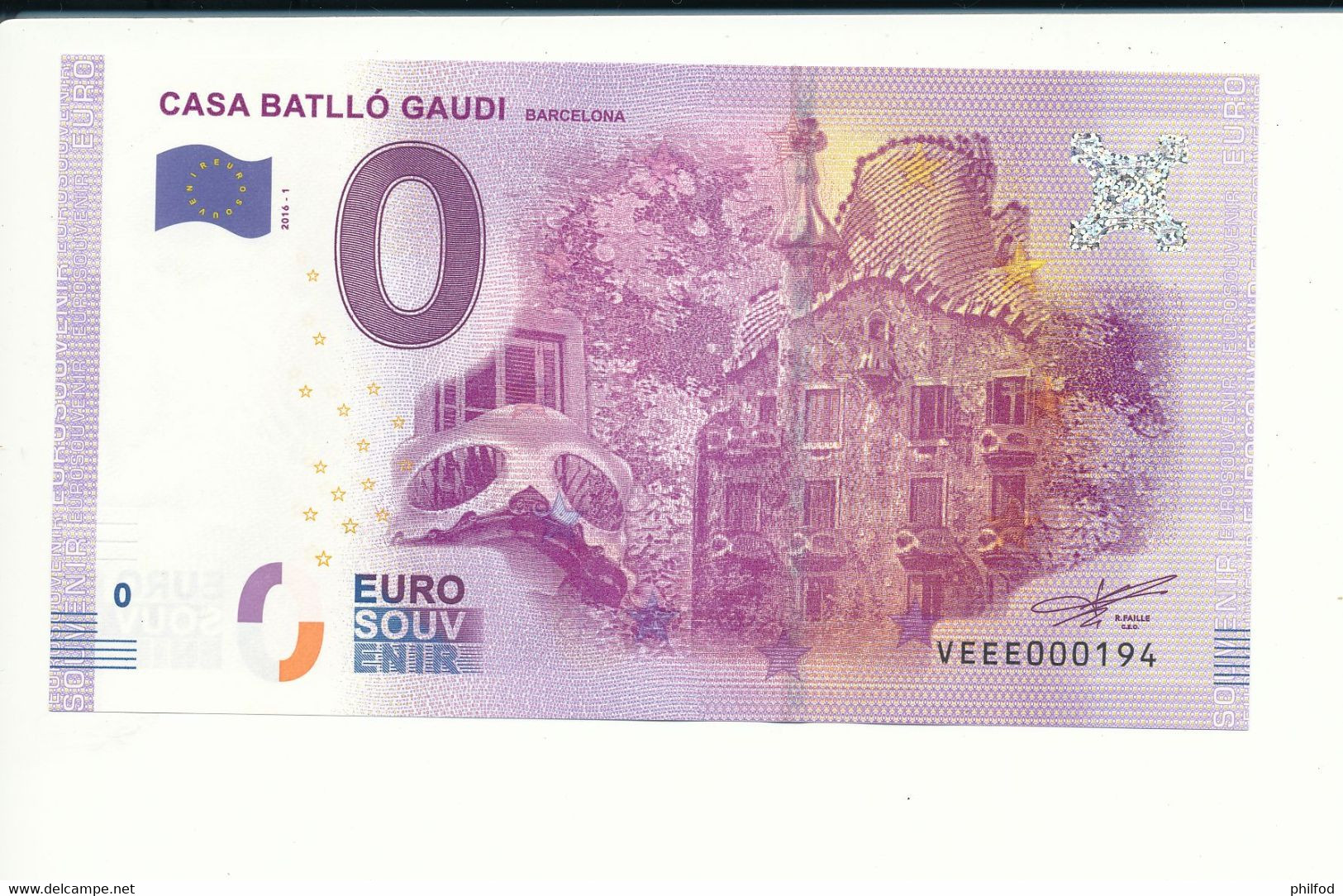 Billet Souvenir - 0 Euro - VEEE - 2016-1 - CASA BATLLÓ GAUDI BARCELONA - N° 194 - Billet épuisé - Vrac - Billets