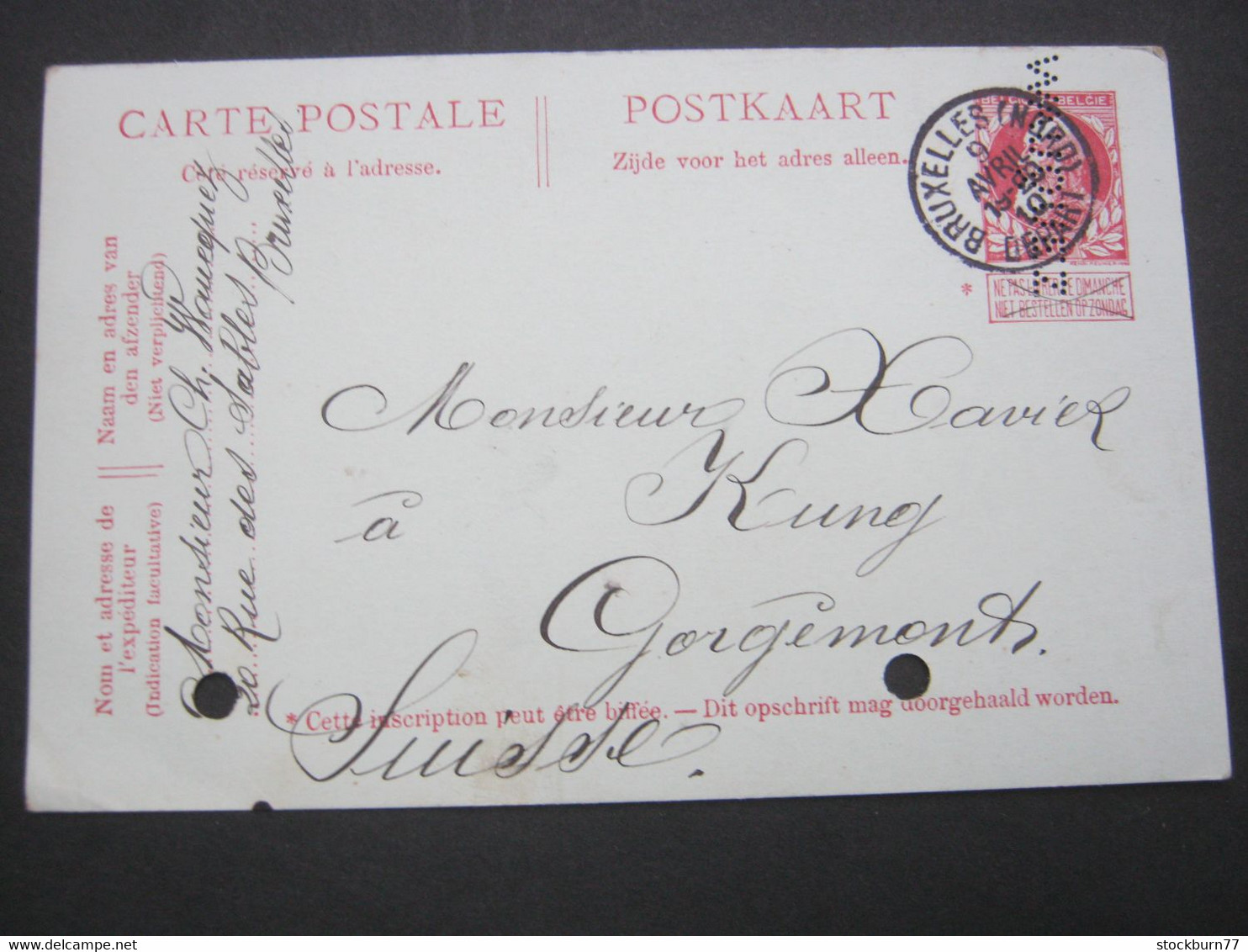 1910 , Perfin , Carte Postale Avec Perfin : WAUQUEZ , De Bruxelles - 1909-34