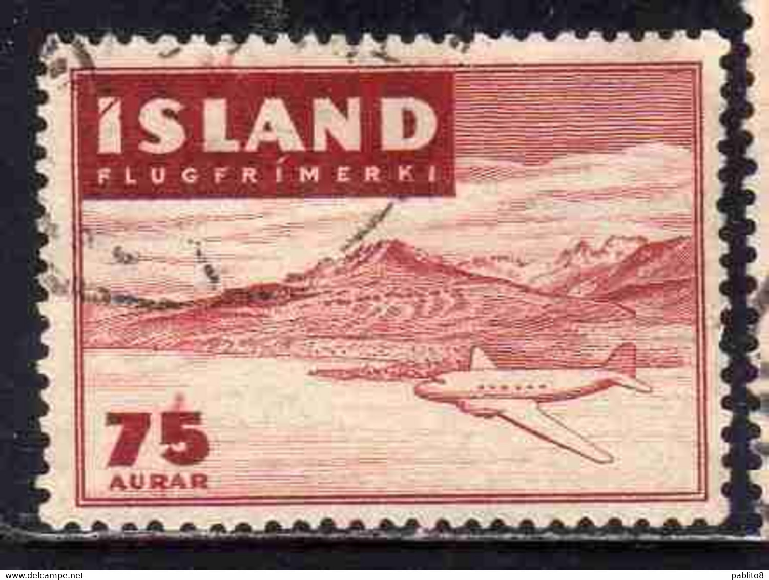 ISLANDA ICELAND ISLANDE 1947 EYJAFJORTHUR 75a USED USATO OBLITERE' - Poste Aérienne