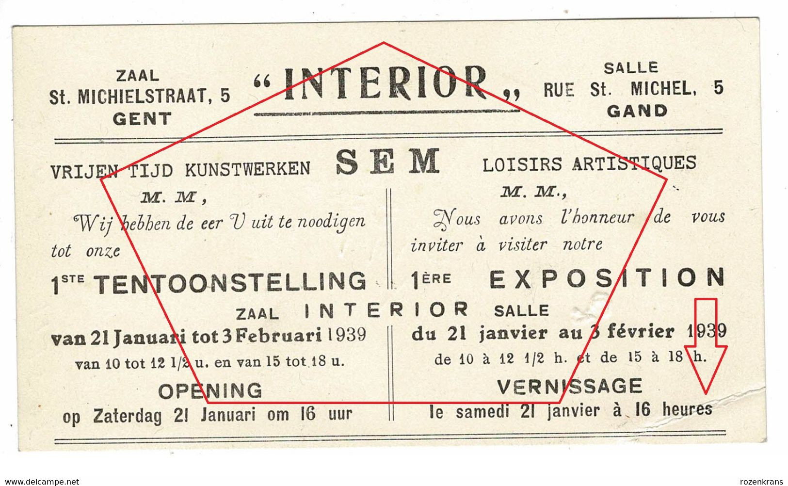 Oude Reclame Uitnodiging Gent ZAAL INTERIOR 1939 SEM Kunstwerken Tentoonstelling Exposition St Michielstraat - Gent
