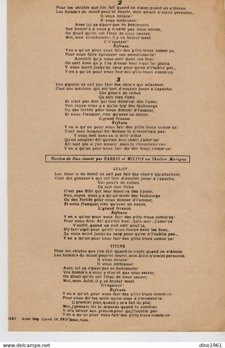 VP20.373 - PARIS - Ancienne Partition Musicale ¨ Y'en A Qu'un ¨ Crée Par MILTON Et FABRIS ..... - Partitions Musicales Anciennes