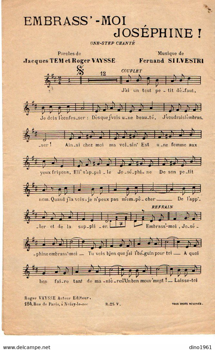 VP20.374 - PARIS - Ancienne Partition Musicale ¨ Embrass' Moi Joséphine ¨ Par JACKI Paroles De J. TEM Et VAYSSE ...... - Noten & Partituren