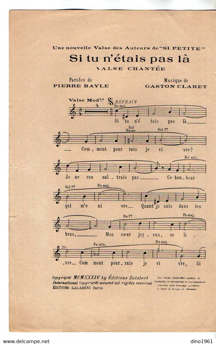 VP20.375 - PARIS - Ancienne Partition Musicale ¨ Si Tu N'étais Pas Là ¨ Paroles De Pierre BAYLE / Musique De G. CLARET - Partitions Musicales Anciennes