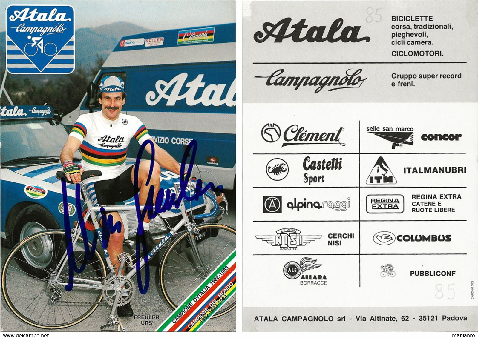 CARTE CYCLISME URS FREULER SIGNEE TEAM ATALA 1985 ( VOIR PICS PARTIE ARRIERE ) - Wielrennen