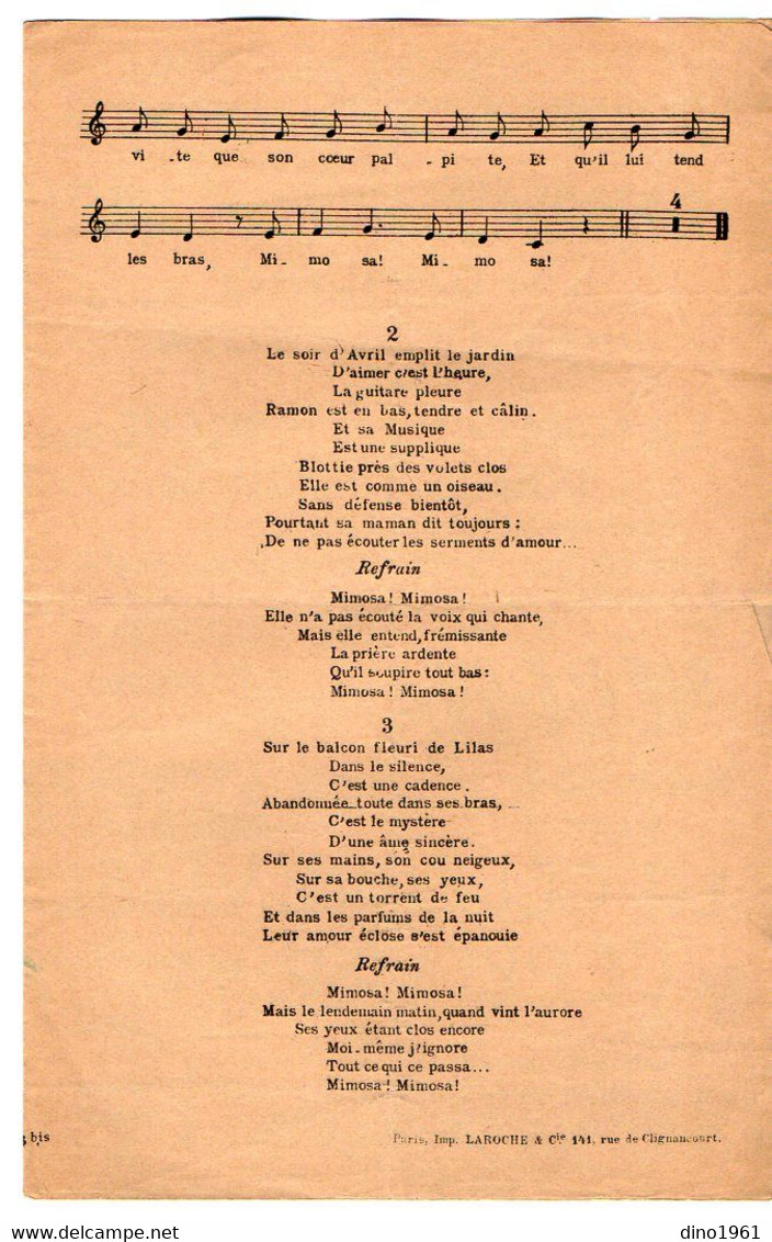 VP20.376 - PARIS - Ancienne Partition Musicale ¨ Mimosa ¨ Paroles De DIDIER - GOLD / Musique De J.MARTINEZ - ABADES - Partituren