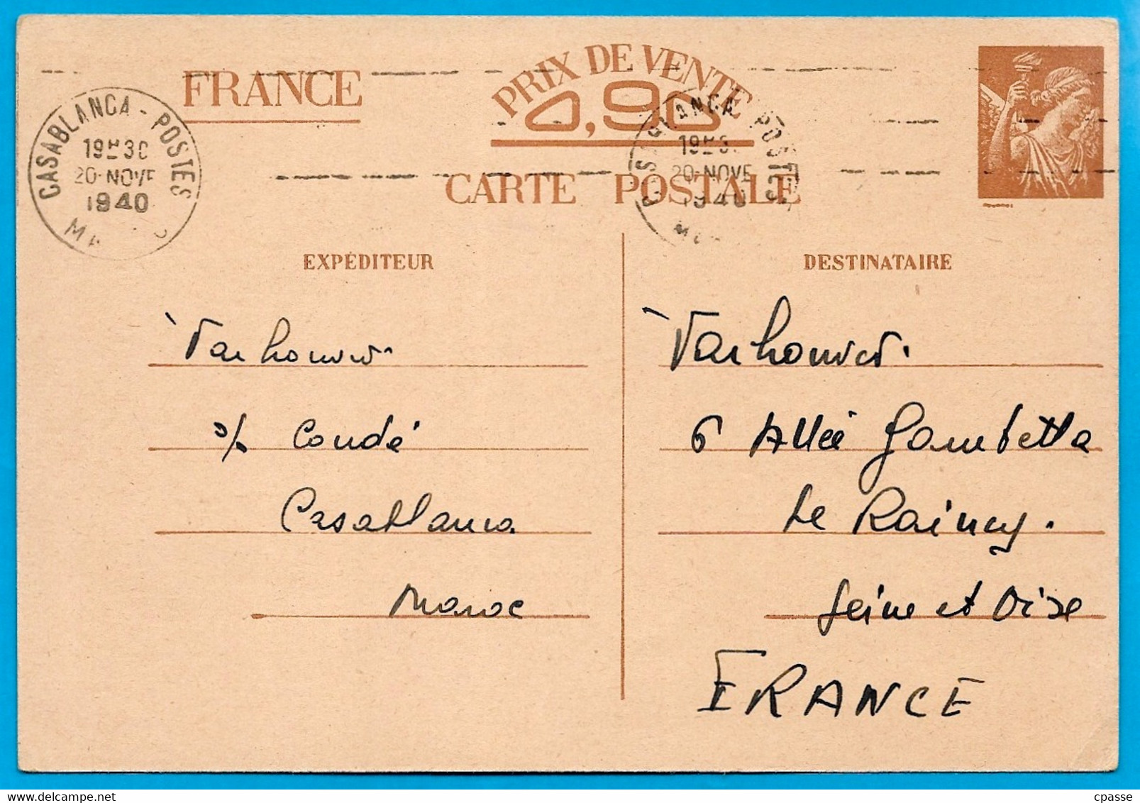 1940 (MAROC) Entier Postal France (Sans Valeur CP1 Brun) Posté CASABLANCA à Destination De La France (Le Raincy) Flamme - Lettres & Documents
